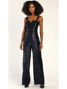 NWT Lulu's Agenda  Navy Velvet Sequin Wide Leg Jumpsuit Large